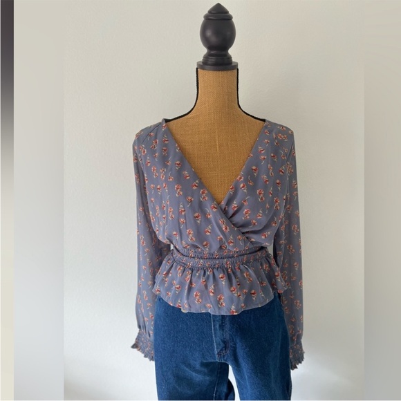 Japna Floral V Neck Shirt Smocked Waist Long Sleeve Womens Blouse - Picture 5 of 8